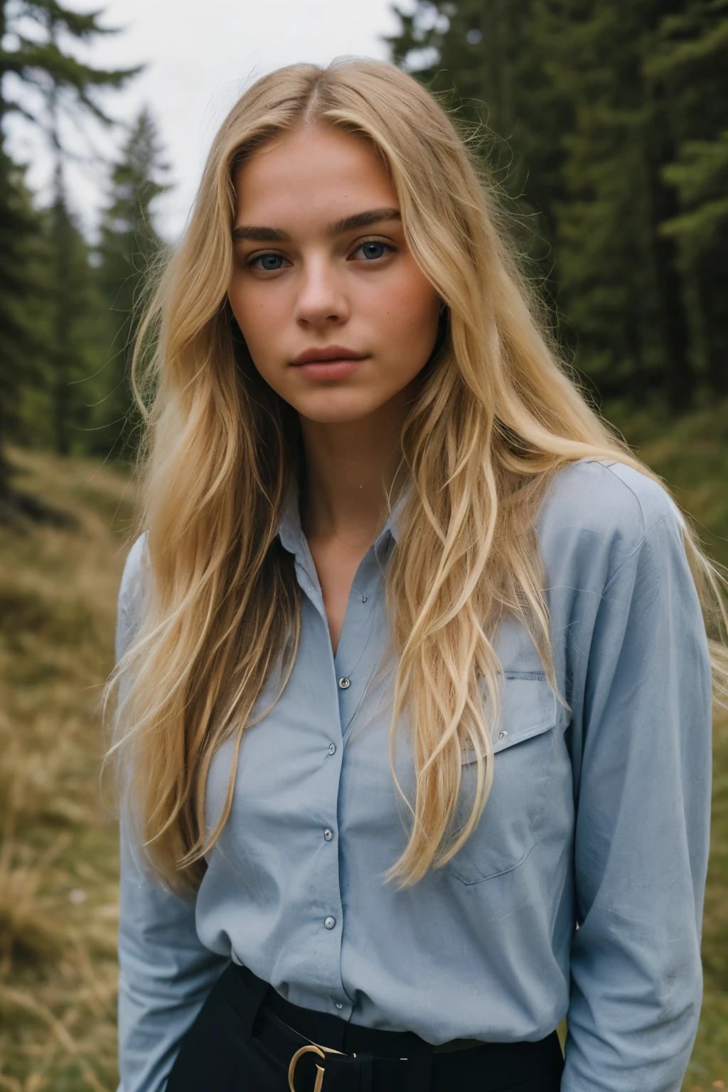 Pretty blonde model, 18 ans, poitrine 95D, long wavy blonde hair, Yeux bleus, dark eyebrows, elegant pose, she goes hiking, elle est sur une montagne, on vois sa shilouette