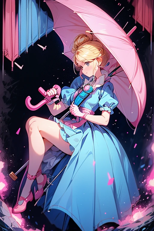 piperBS, 1girl, blonde hair, hair bun, blue dress, puffy sleeves, short sleeves, pink gloves, fingerless gloves, pink belt, shoes, blue footwear, (her umbrella is closed, her umbrella is a sniper:1.4).