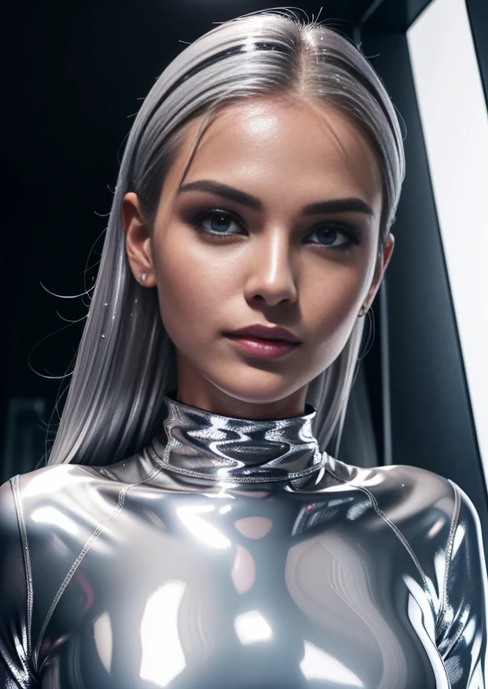 Beautiful woman in ultra shiny silver clothes, straight flat wet look silver hair, full body view, abs, legs, belly button, crop top, Schminke, (glossy lips: 1.4), he-res, 8K