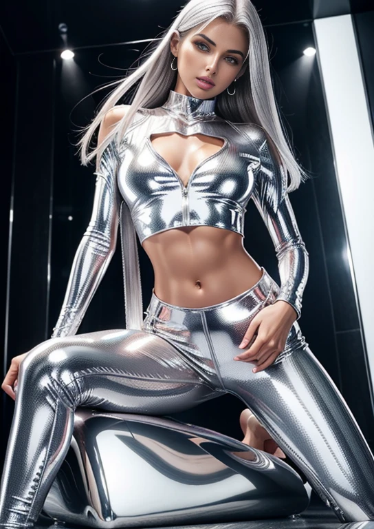 Silver face, Detailed shot of a realistic girl profile, Super hot Malay nudist model, 20 years old, flat chest, shining liquid silver skin, golden eyeade of highly polished silver, Beautiful silver face and eyes, With silver ratio composition, In an empty room with a large window that lets in warm light, standing leaning at a wall, 16k,