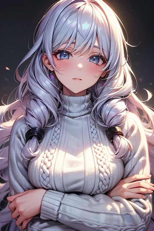 best quality, 32k, RAW photo, incredibly absurdres, extremely detailed, delicate texture, cute woman, (fluffy, flowing backwards, curling outwards, bangs, hairstyle), wearing fluffy long-pile knit sweater, background iridescent pastel color