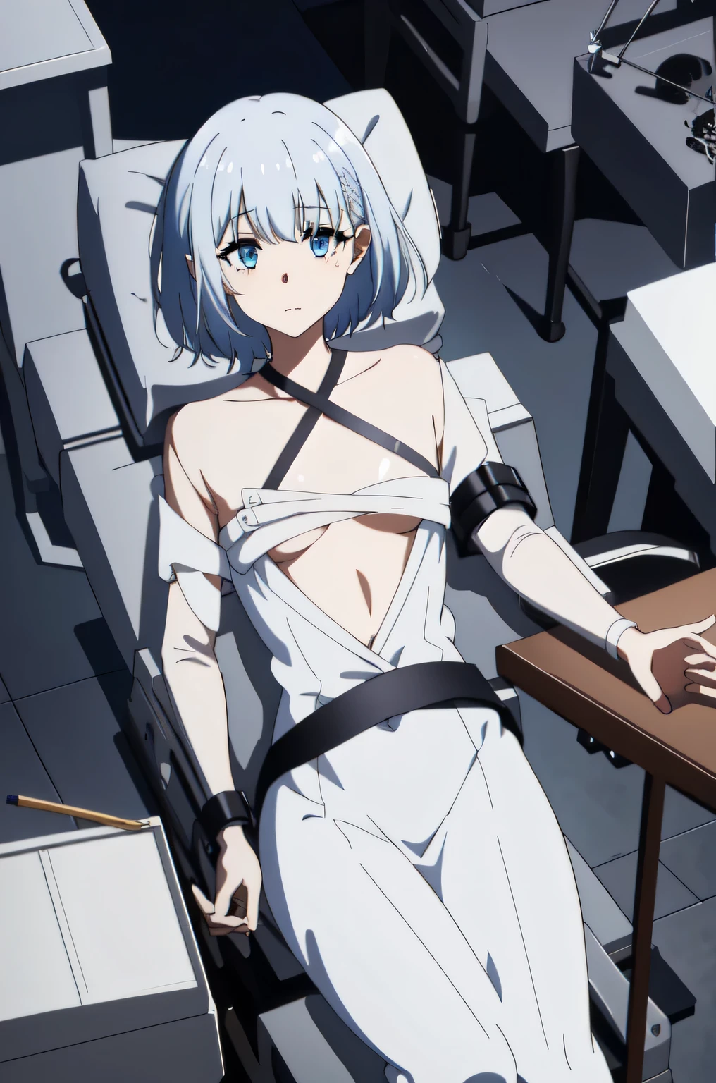 1girl,silver hair,,short hair, blue eyes,bih breast,(masterpiece), best quality, wallpaper, absurdres, 8k, detailed character portrait, 1girl, cute, lying on stretcher gurney, (strapped to table:1.2), (bound, fully restrained), white silk blouse, small breasts, from above, trending on artstation, pixiv, anime style,