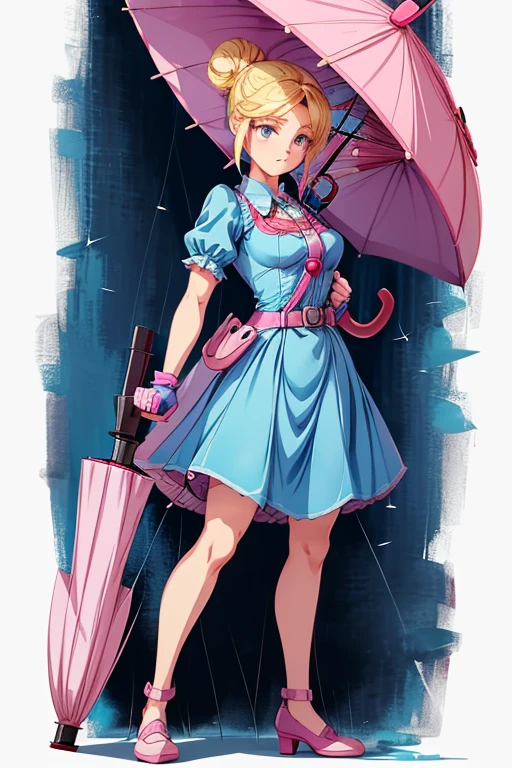 piperBS, 1girl, blonde hair, hair bun, blue dress, puffy sleeves, short sleeves, pink gloves, fingerless gloves, pink belt, shoes, blue footwear, (1umbrella, her umbrella is closed, her umbrella is a sniper:1.4).