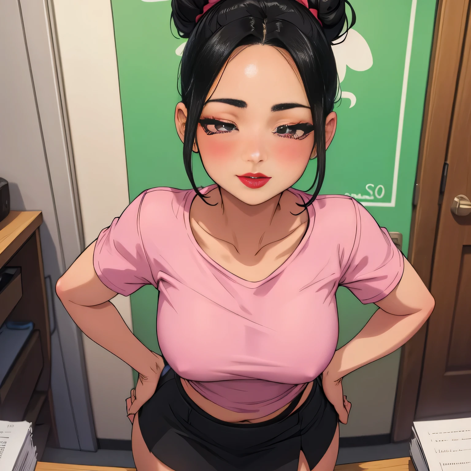 Sexy young woman, black hair neatly pulled into a bun, long forehead, small seductive eyes, medium nose, red lips smiling, deep pink blush, fair skin, wearing a bluish-green t shirt and black miniskirt, leaning on a desk towards the viewer