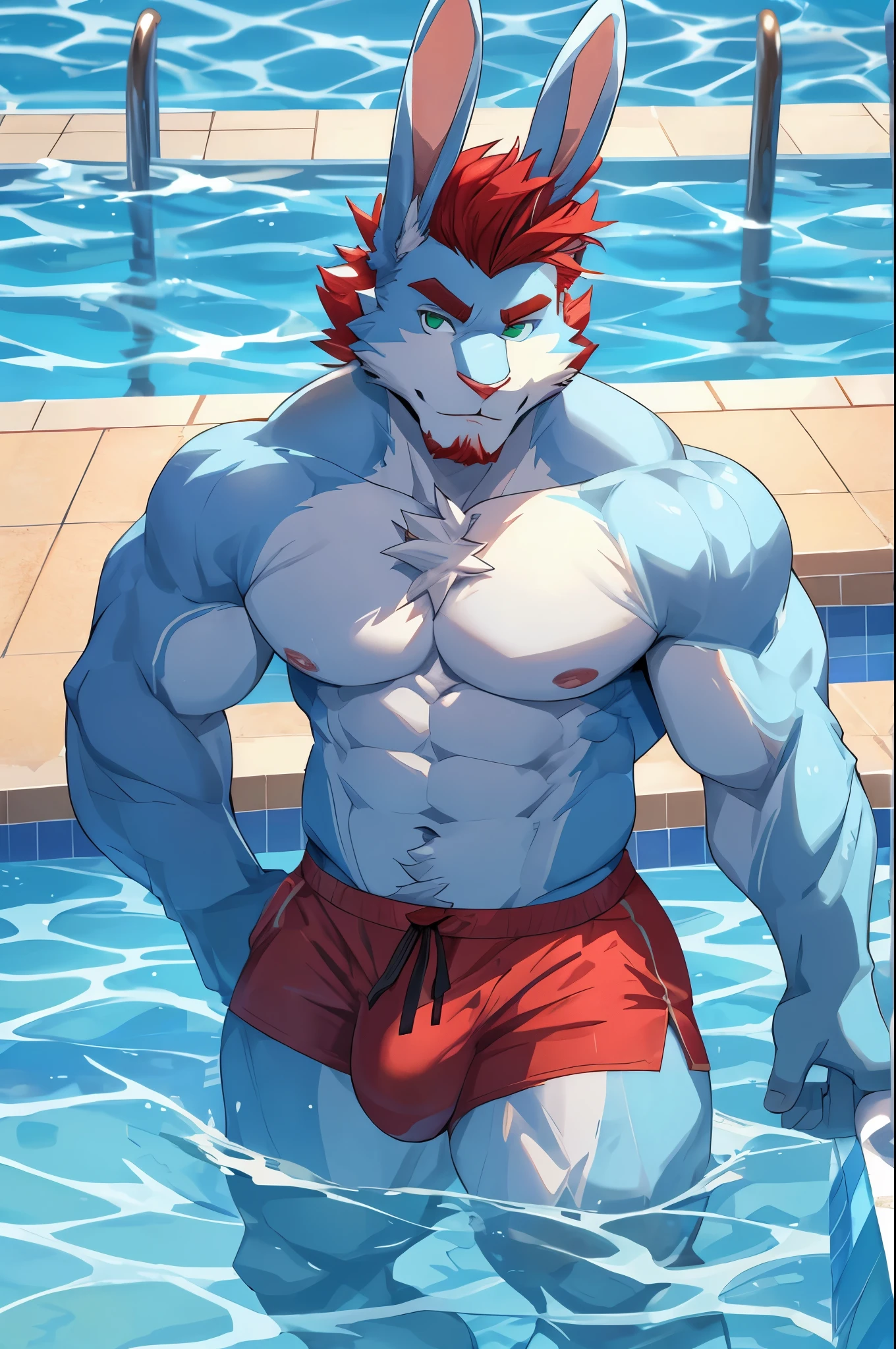 perfect face, bara furry, rabbit man, big body, light blue skin, short quiff red hair, green eyes, perfect eyes, big rabbit ears, handsome, at pool, big dick