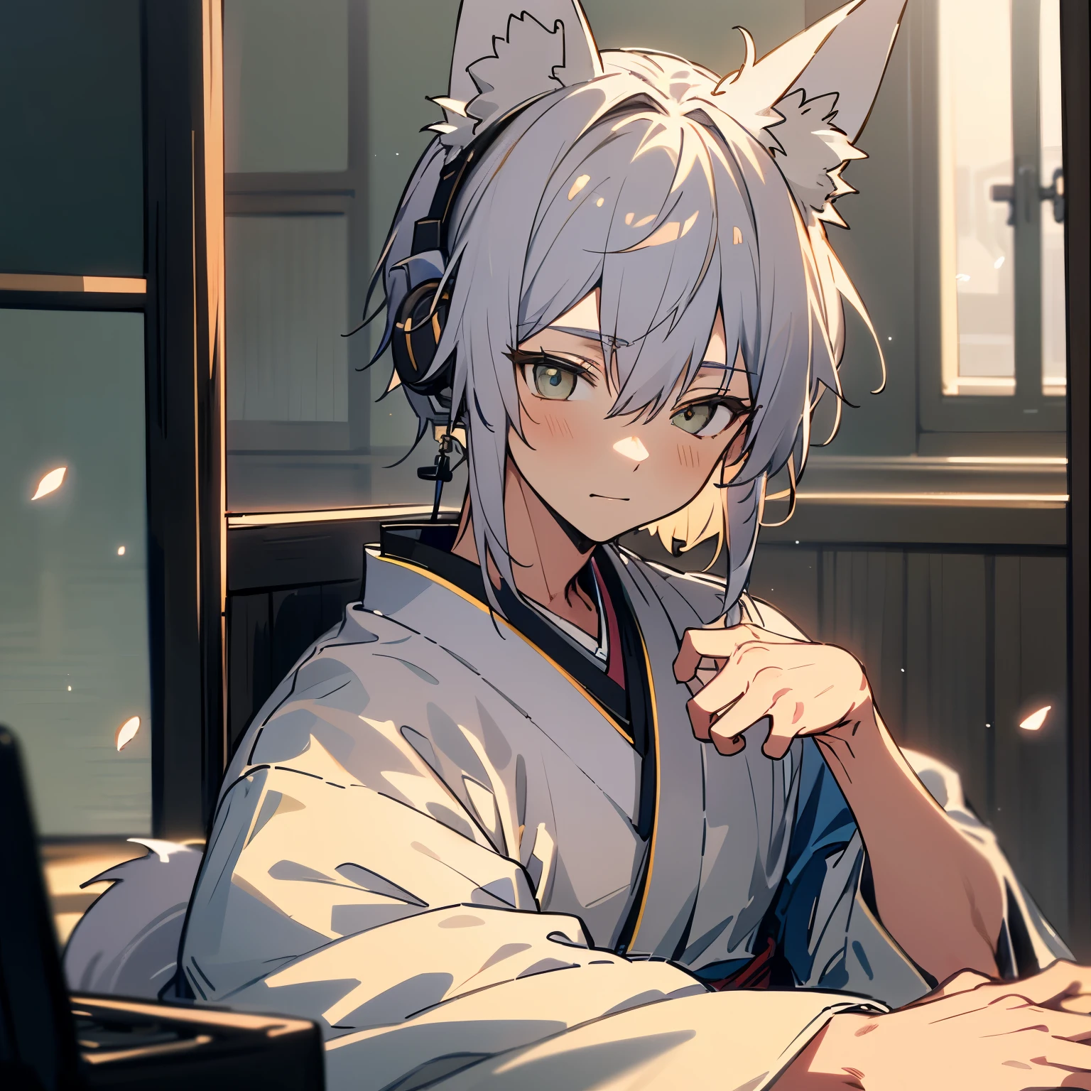 male、((best quality)), ((masterpiece)), (detailed), perfect face ((highest quality)), ((masterpiece)), (be familiar with),、morning、A boy studying in his room while listening to the radio with headphones、kimono、Silver Hair、Fox&#39;s Tail、Fox Ears、Warm lighting、Cherry blossoms are blooming outside the room、opening the computer、Japanese anime style
