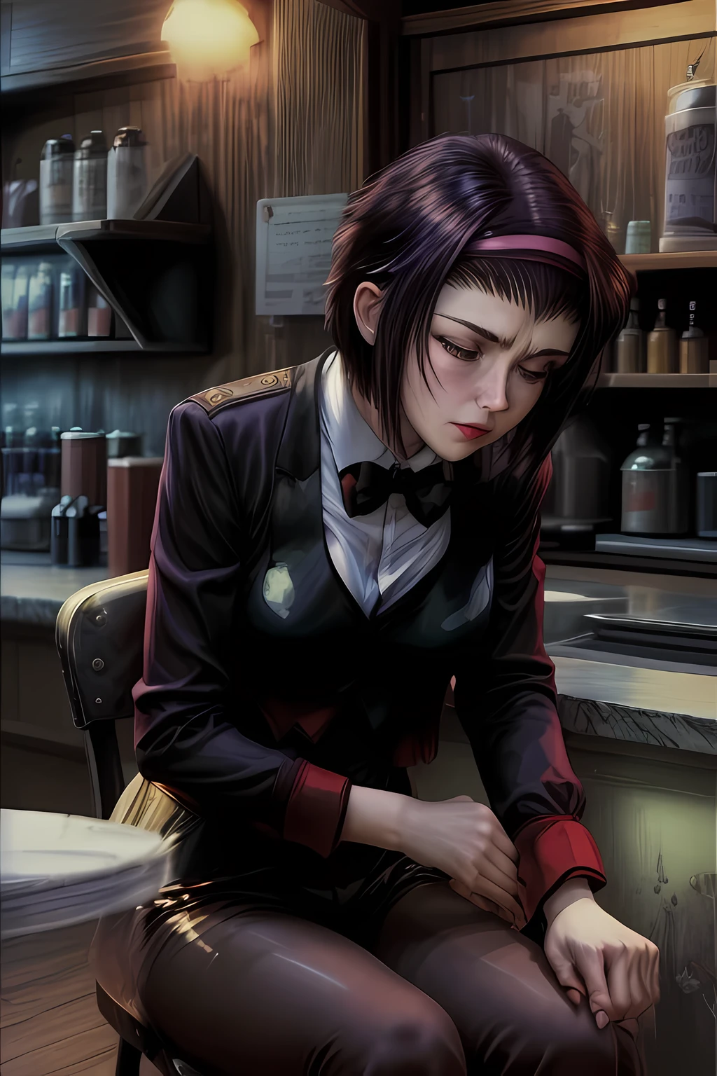 masterpiece,best quality,1girl,mature female,faye valentine,formal,tuxedo,necktie,black pants,light frown,blush,drunk,half-closed eyes,sitting against counter,bar,science fiction,cowboy shot,