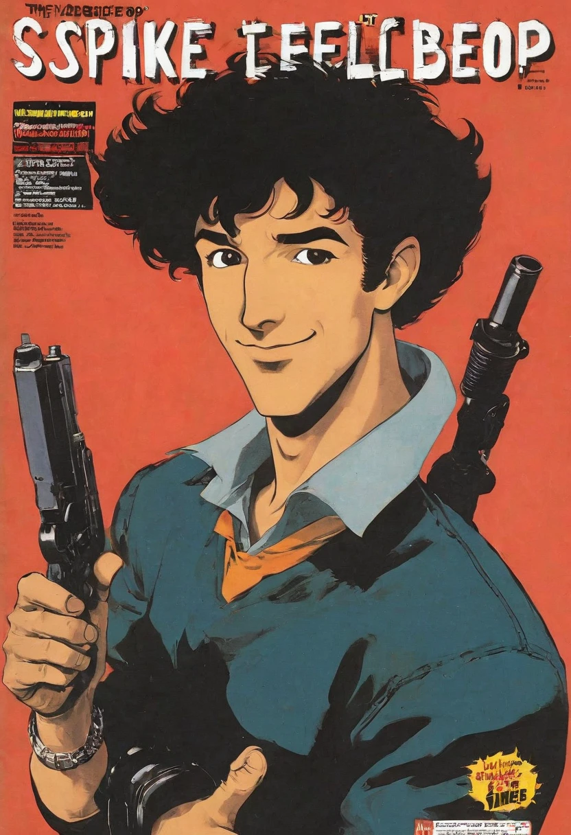 boy, Spike Spiegel, Cowboy Bebop, brown eyes, smile, black hair, cbbebop, cbbebop spaceship, retro vintage comic style, 1990s style, (masterpiece, best quality, Professional, perfect composition, very aesthetic, absurdres, ultra-detailed, intricate details:1.3)