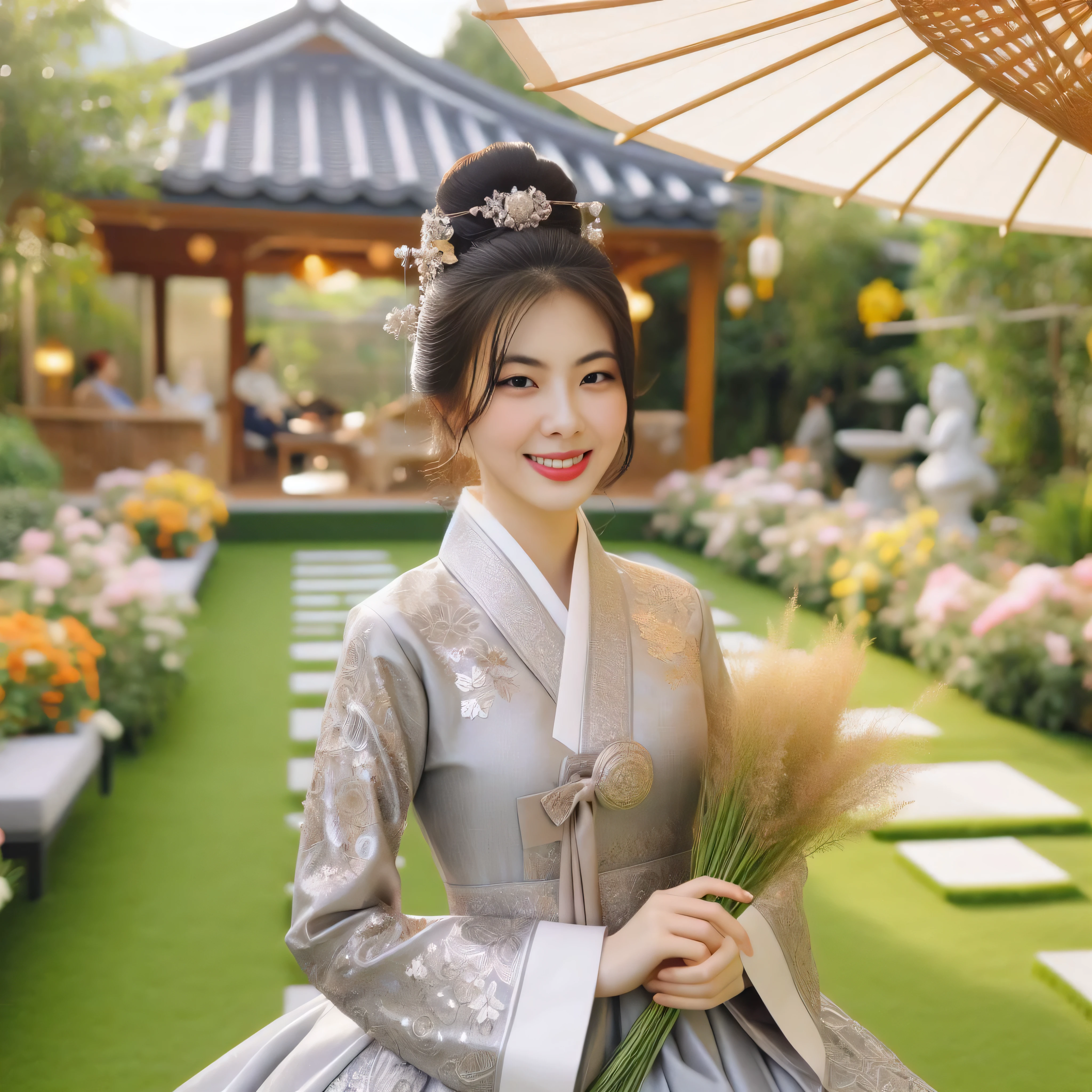 araffe woman in a traditional dress holding a bunch of flowers, palace , a girl in hanfu, hanfu, white hanfu, hanbok, korean hanbok, 8k)), traditional beauty, inspired by Jin Nong, korean woman, wearing ancient chinese clothes, beautiful south korean woman, inspired by Jeong Seon, inspired by Sim Sa-jeong