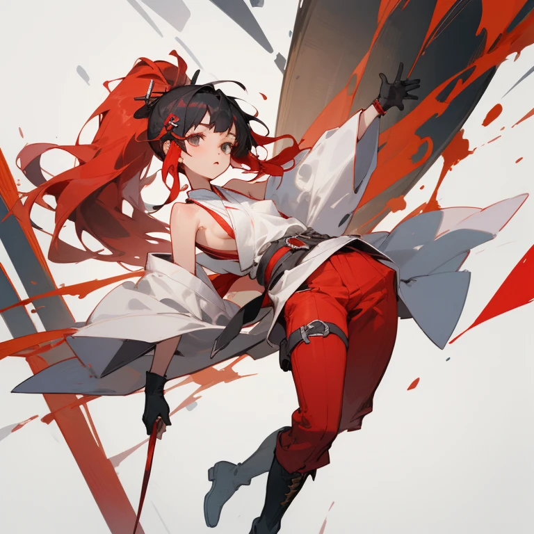 ((highest quality)), ((masterpiece)), (Become familiar with),  1 girl, alone, Black Hair,ponytail,White kimono,black sleeveless,red hair clip,Red belt, ,slender,Long Hair,Small breasts, gloves,boots, Erect nipples