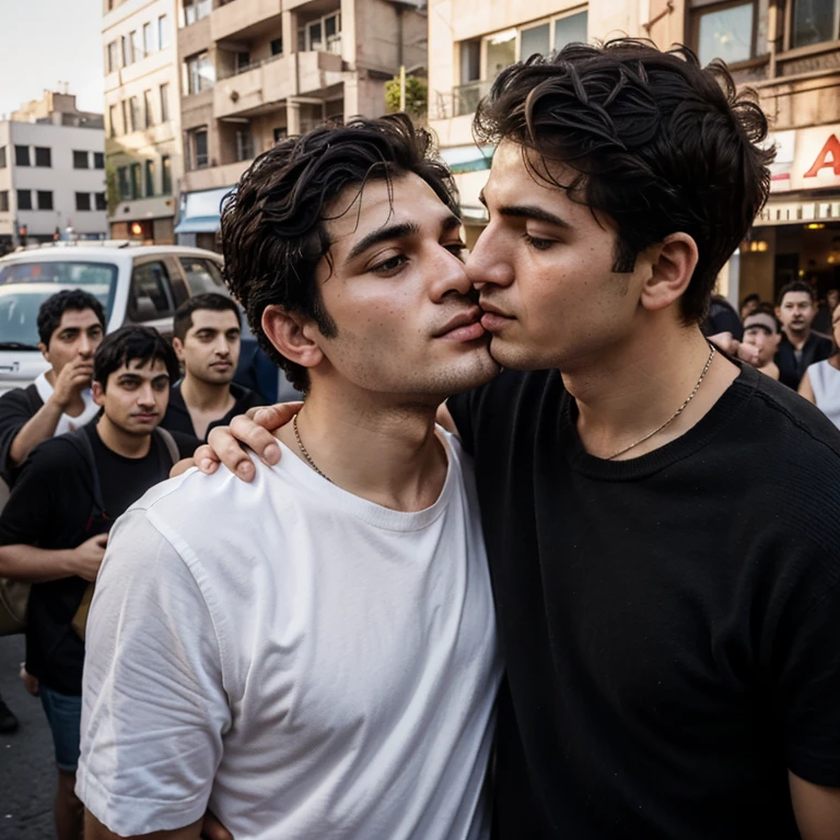 George, who looked unkempt, with short black hair and a slight rash on his face, tried to kiss Ed, Armenian guy, getting into a taxi, but Ed didn't let me do it, because a crowd of people was visible nearby, passing by