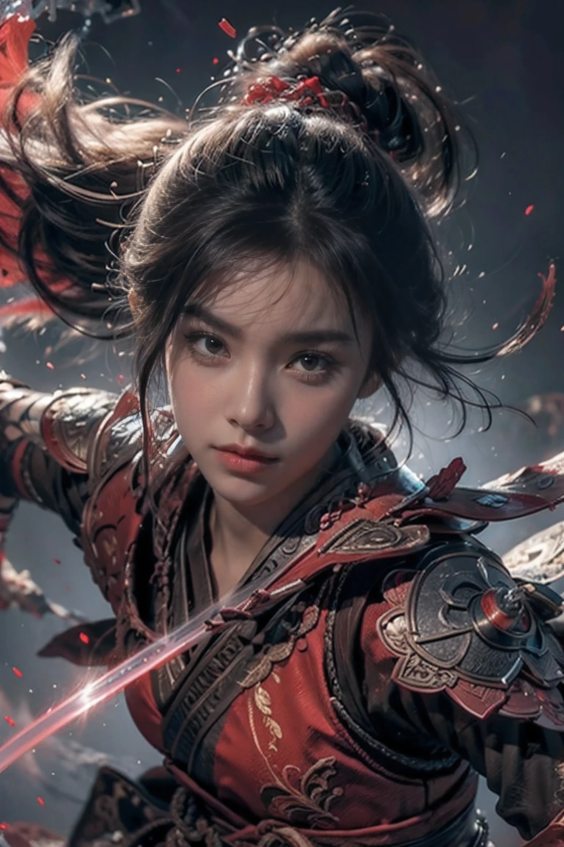 tmasterpiece，16k，high high quality，artwork of a，Martial soul，1 girl，red theme，smog，floating weapons，long sword，Bright lights，Bright background，sweety face，delicated face，Vivid textures，Photos taken with Sony camera，Cinematic lighting，full bodyesbian, close view, look at the viewer