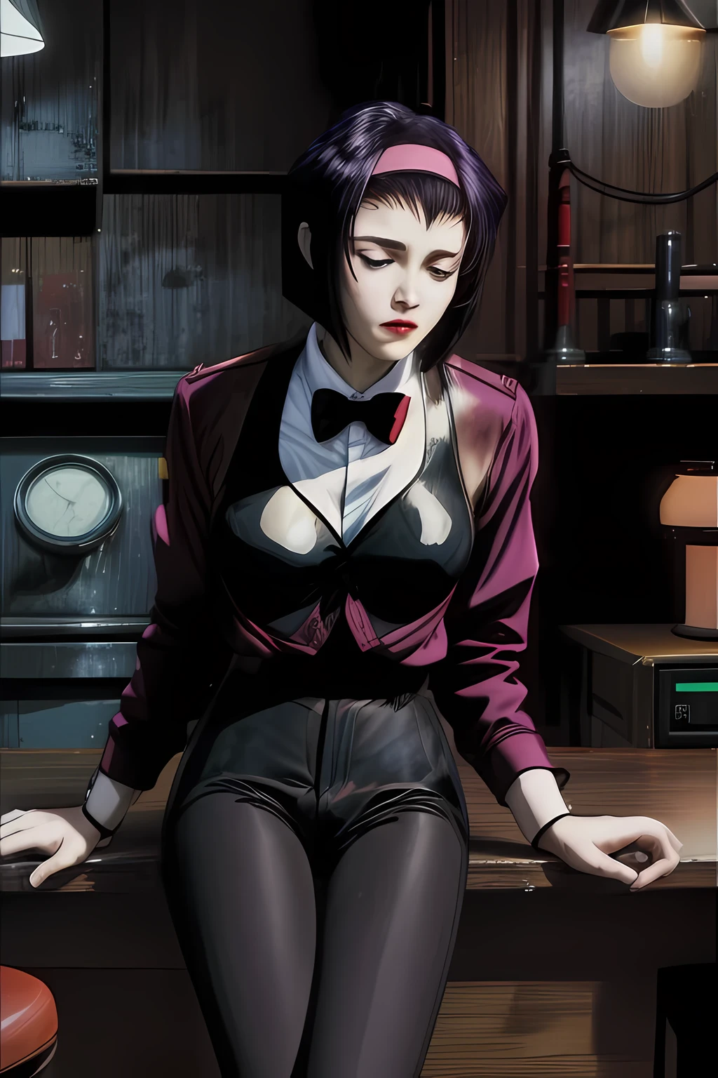 masterpiece,best quality,1girl,mature female,faye valentine,formal,tuxedo,necktie,black pants,light frown,blush,drunk,half-closed eyes,sitting against counter,bar,science fiction,cowboy shot, FV