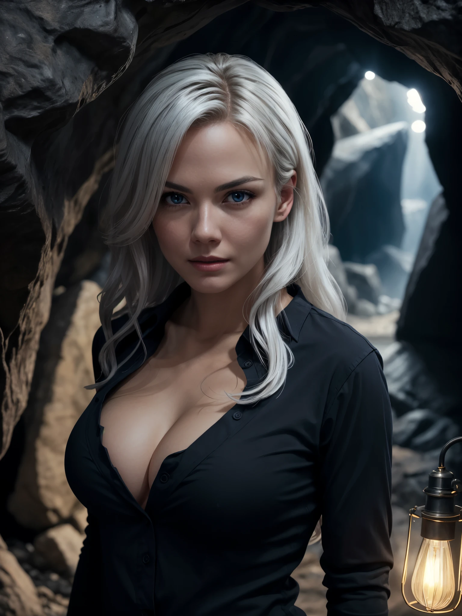adventure girl wearing black shirt, BREAK, 1girl, super details long sleeve black shirt, looking at viewer, white hair, holding lamp, inside a cave, detailed face, cinematic angle, cinematic lighting, vignette, (realistic:1.3), best quality, superior quality, dark, despair, wandering in shadow, (35yo:1.2), full breasts, gigantic breast,