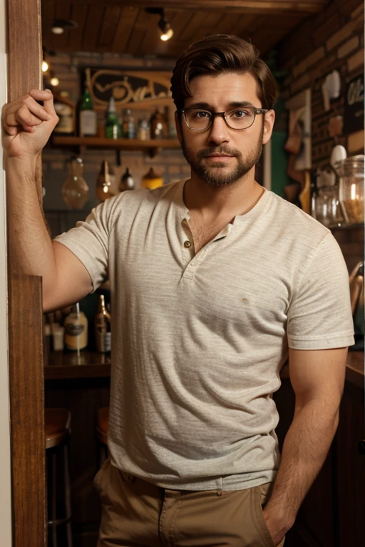 poster 3d inspirado na pixar de um homem de 32 anos italiano, branco, magro, brown eyes short hair round face with glasses and short beard, camisa social com colete, ele esta segurando uma coqueteleira em um bar