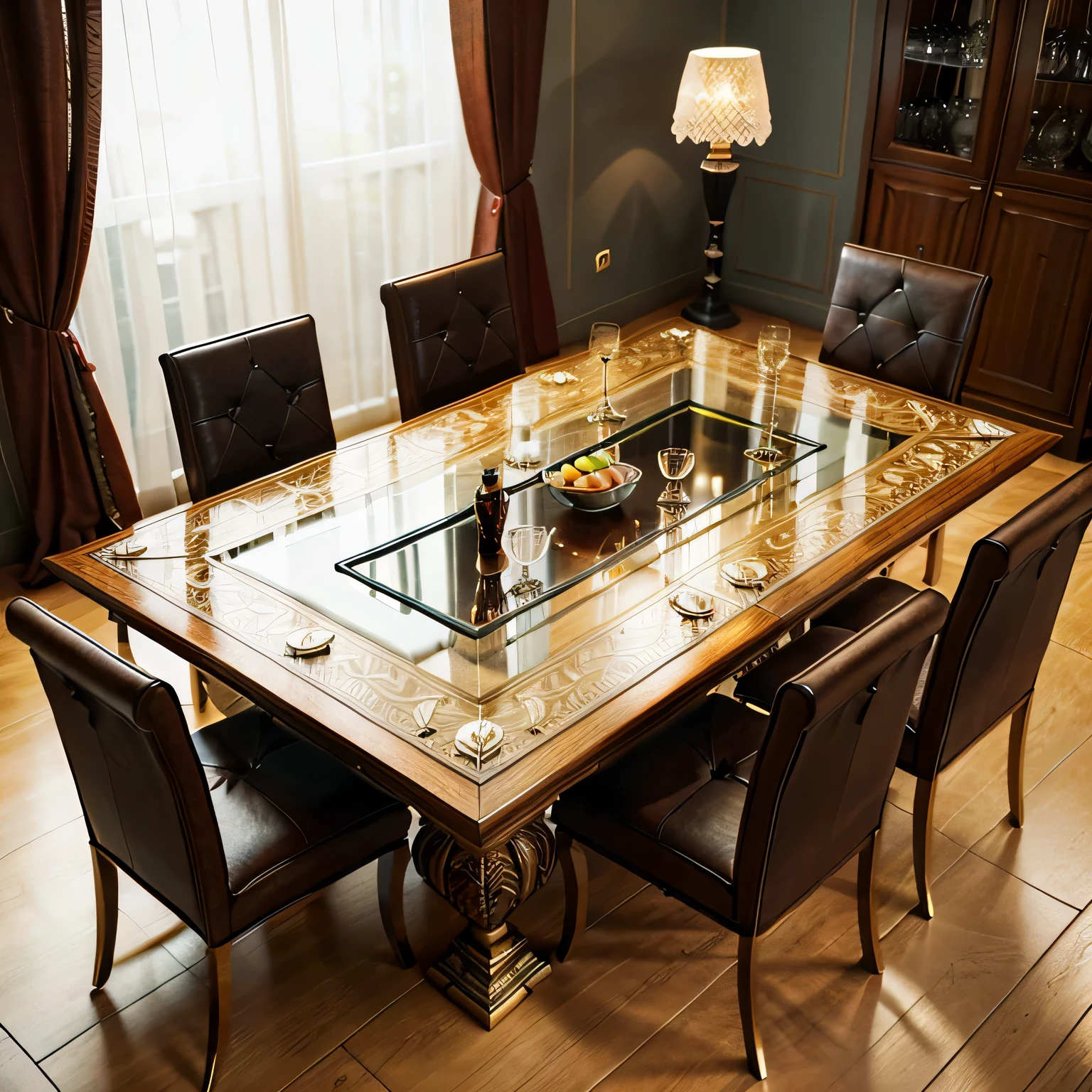there is a table with a glass top and chairs around it, detailed wooden table, highly detailed render, extremely detailed furnitures, rendered with unreal engine, dinner table, realistic fantasy render, rendered in the unreal engine, ornate furniture, amazing craftsmanship, realistic cinema 4 d render, luxury furniture, elegant render, rendered in 3 dsmax, rendered in cgi