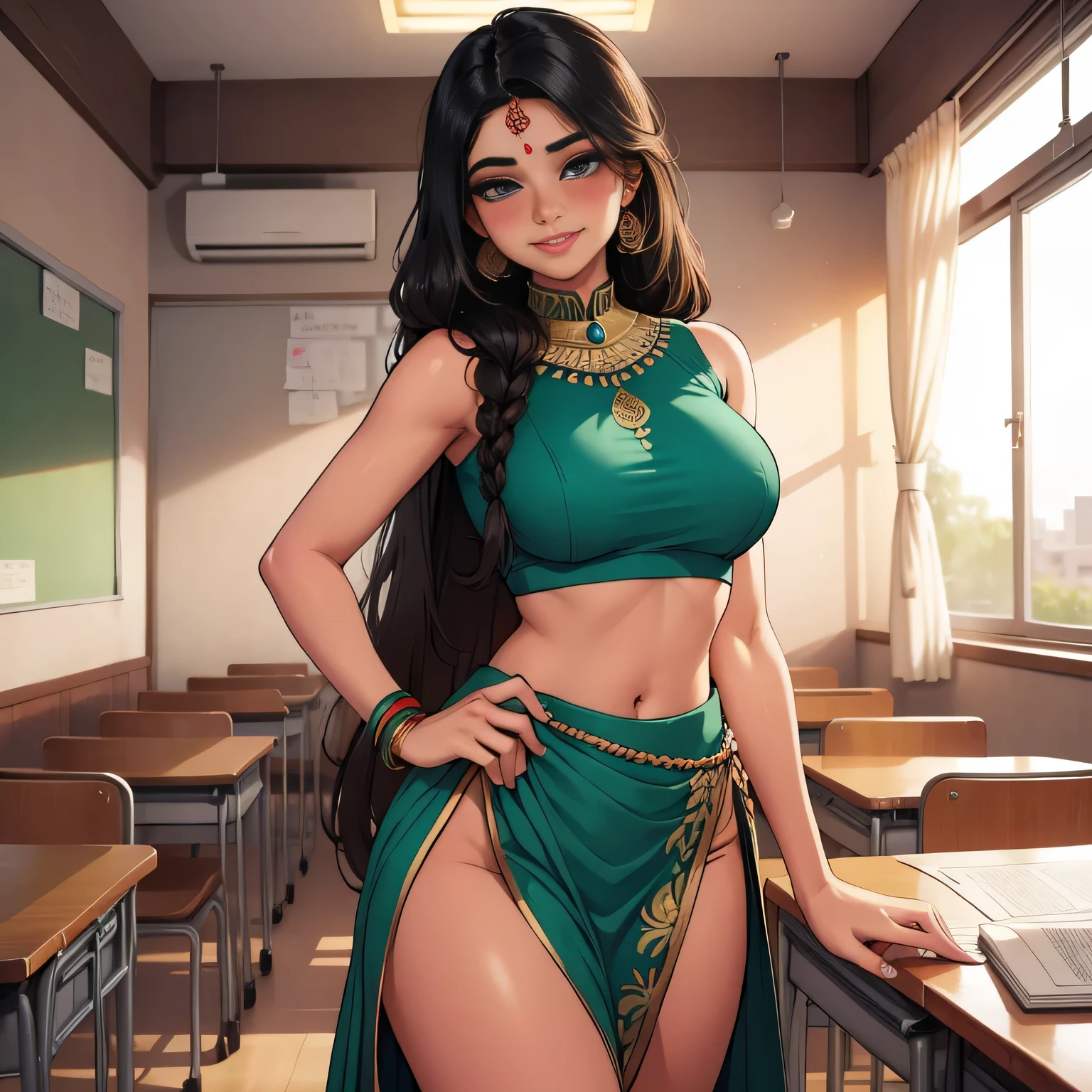 Sexy Indian teacher, traditional Indian clothes, empty classroom, amazing makeup, revealing clothes, lips parted smiling, deepest blush