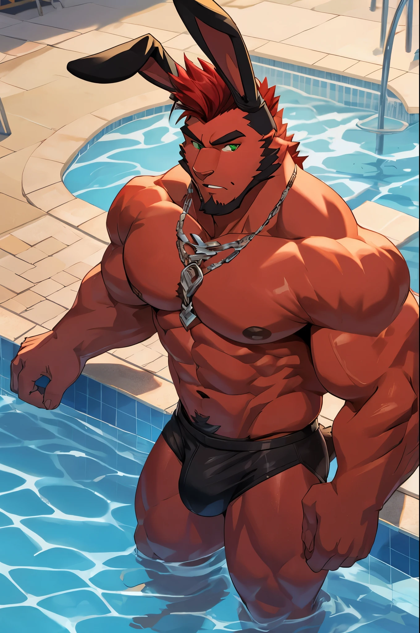 perfect face, bara furry, rabbit man, big body, red skin, short quiff red hair, green eyes, perfect eyes, big rabbit ears, handsome, at pool big dick
