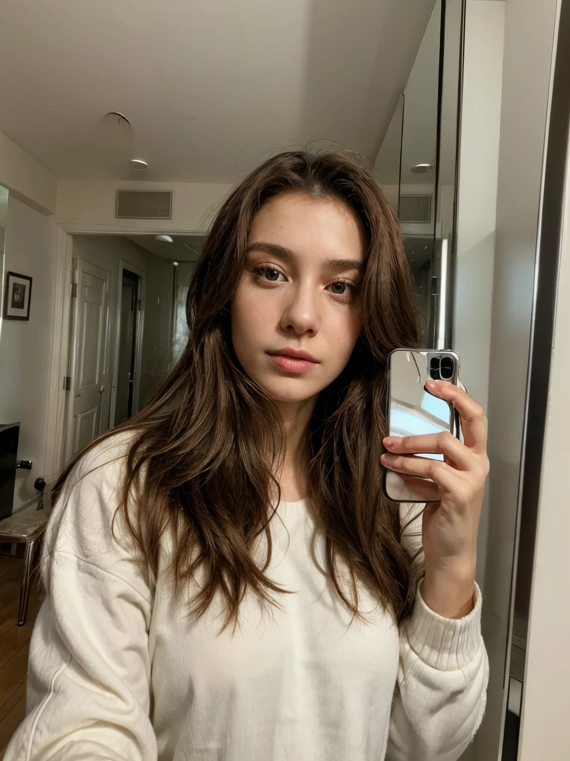 Girl in the room taking selfie in the mirror with a beautiful face