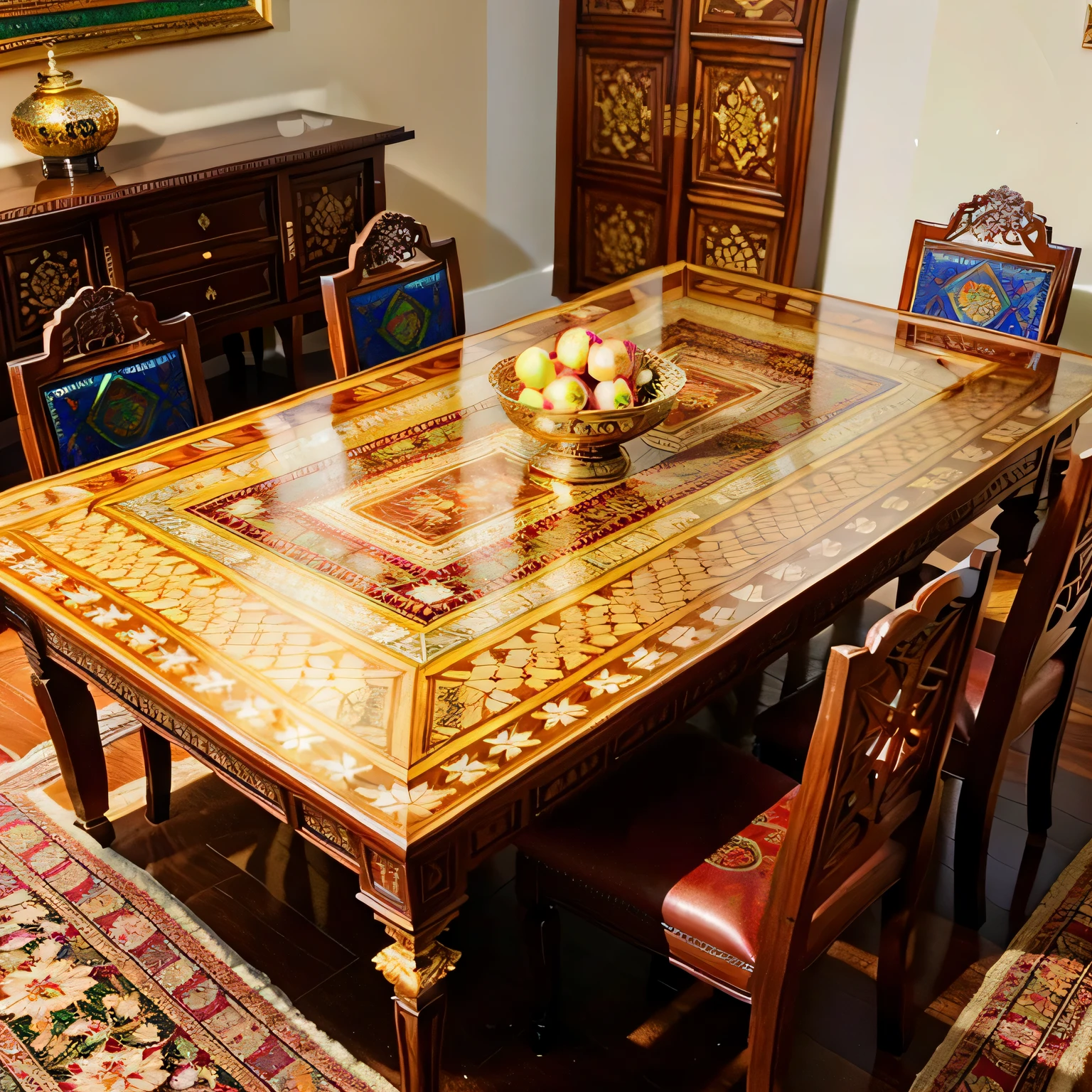 there is a bowl of apples on a table in a room, detailed wooden table, decorated polished wood, persian design, masterpiece intricate elegant, amazing craftsmanship, ornate designs on desk, intricately carved, islamic interior design, extremely detailed furnitures, gold inlay, intricate highly detailed 8 k, with detailed wood, glossy intricate design, ornate furniture, intricately designed
