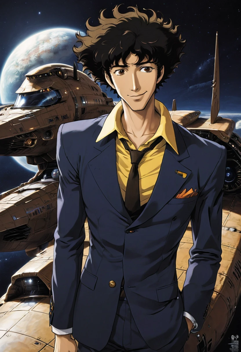 boy, Spike Spiegel, Cowboy Bebop, brown eyes, smile, black hair, cbbebop, cbbebop spaceship, 1990s style, (masterpiece, best quality, Professional, perfect composition, very aesthetic, absurdres, ultra-detailed, intricate details:1.3)