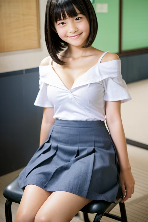 1girl, sit on a chair, full body, Japanese, (), middle School girls, simple white shirt, short sleeve, open clothes, off shoulder, middle breast, (cleavage), navy blue skirt, thighs, (12 years oldk hair bob cut, smile ,classroom
