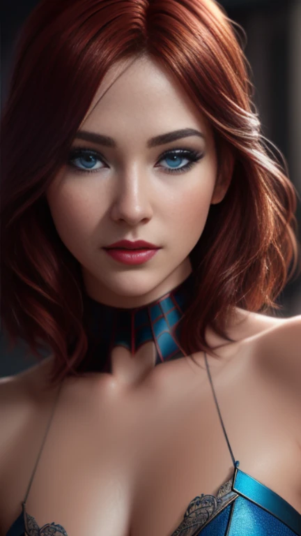 ((three-quarters of body)), ((bob style haircut)), (RAW, analogue, Nikon Z 14mm ultra wide angle lens, award-winning glamor photography, ((best quality)), (masterpiece), ((realistic)), skin pores, subsurface scattering, light rays radiant, high resolution, detailed facial features, high detail, sharp focus, soft, aesthetic, extremely detailed (extremely detailed eyes, extremely detailed iris), extremely detailed hair, extremely detailed skin, extremely detailed clothing, octane rendering, photorealistic, realistic , post-processing, maximum detail, realistic shadows, roughness, natural skin texture, real life, ultra-realistic, photorealism, photography, 8k UHD, photography, hdr, intricate, elegant, highly detailed, sharp focus, stunning, beautiful, magnificent), detailed and Beautiful and realistic 24 year old girl like Marvel's Spiderman, ((blue eyes)), makeup, soft red painted lips, full body visible, (red hair), realistic skin, photorealistic, realistic and cinematic shot (wallpaper CG unity 8k extremely detailed), trending on ArtStation, trending on CGSociety, high detail, sharp focus, dramatic background, beautiful, full shot, high quality, (beautiful face), (detailed face), detailed hands, beautiful hands