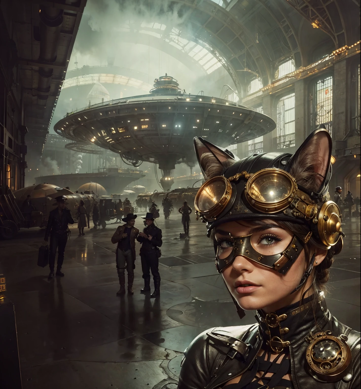 Setting: A bustling steampunk spaceport, filled with billowing steam, intricate metal contraptions, and docking airships. Passengers in elaborate goggles and aviator hats mill about, while crews in grease-stained jumpsuits load cargo.
Characters: A stunning Catwomen, each with own unique steampunk flair. a confident pose, her eyes gleaming with a mix of excitement and determination, as they turn towards the camera.
Action: A magnificent steampunk spaceship, unlike any seen before, descends into the spaceport. Its hull gleams with polished brass and copper, adorned with intricate etchings and glowing portholes. Billowing steam erupts from its smokestacks, casting a dramatic silhouette against the sky. The three women watch in awe, a sense of adventure and anticipation etched on their faces.