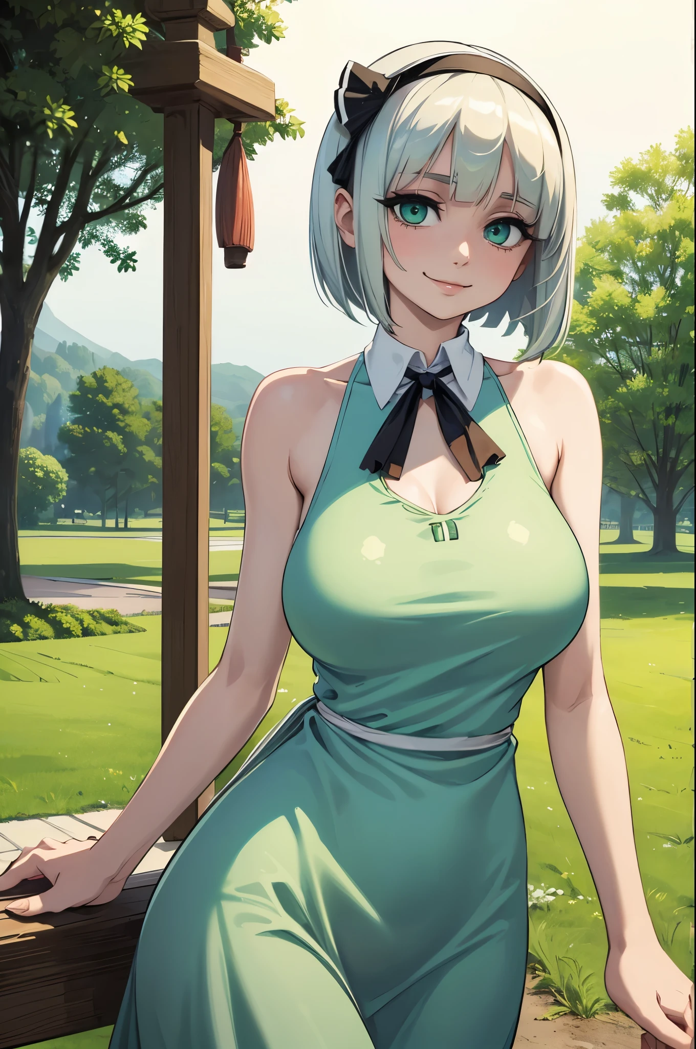 (masterpiece, official art), 1girl, solo, white hair, green eyes, (youmu konpaku:1.2), (dress), (closeup), portrait, (medium breasts), standing, view from front, countryside, moonlight, looking at viewer, (upper body), smile, seductive, alluring attire, open shoulders, slim, slender