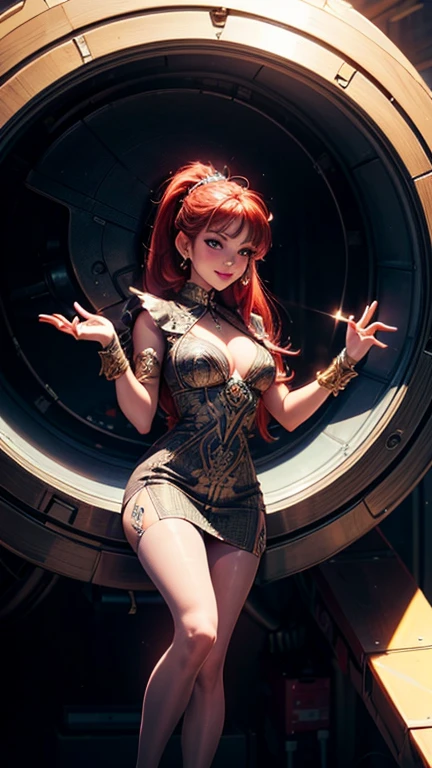 (best quality, 8k, masterpiece, ultra-detailed),vintage Woman 32 years-old pin-up,crossed pantyhosed legs,red straight hair,bangs,beautiful detailed face, big eyelashes,ponytail,little smile,jewerly,((((dress printeded)))),futuristic spaceship scenario