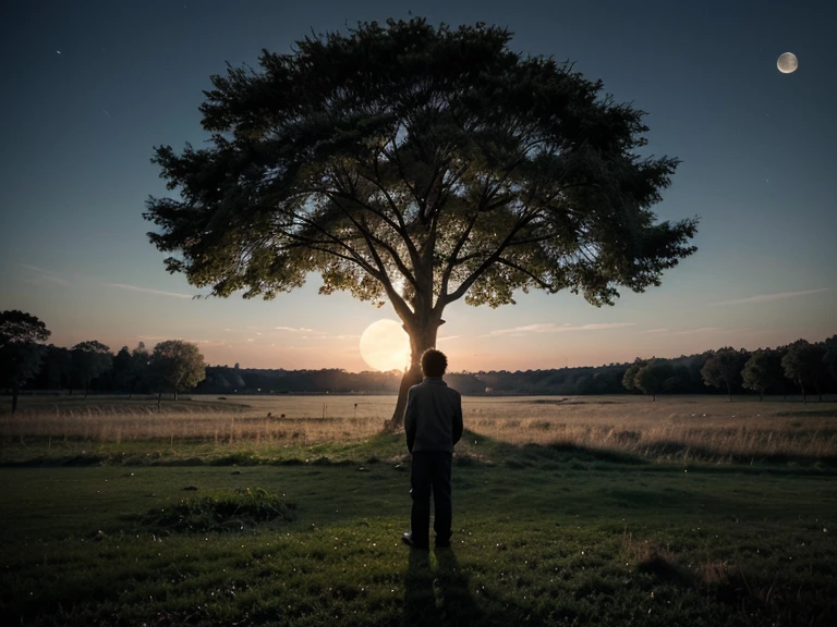 Full moon night, a big tree inside the grass and one side of frame a boy look at the moon and wind flow speedy 