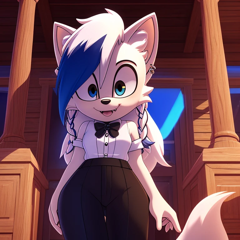 Mobian, ((arctic fox, long hair, fluffy hair, fluffy tail, finger claws, cute fangs, heterochromia, yellow eyes, blue eyes, kemono, braided hair, ear piercing, inner ear fluff, :3, multicolored hair, white hair, blue hair, highlights (coloring))), female anthro, high resolution, beautiful face, beautiful eyes, hyper detailed, Masterpiece, high quality, studio quality, intricate details, 8k, dynamic shot, HD, absurd res, digital media, ((tuxedo, dress pants))
