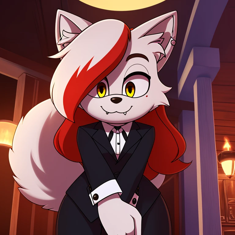 Mobian, ((arctic fox, long hair, fluffy hair, fluffy tail, finger claws, cute fangs, heterochromia, yellow eyes, blue eyes, kemono, braided hair, ear piercing, inner ear fluff, :3, multicolored hair, white hair, blue hair, highlights (coloring))), female anthro, high resolution, beautiful face, beautiful eyes, hyper detailed, Masterpiece, high quality, studio quality, intricate details, 8k, dynamic shot, HD, absurd res, digital media, ((tuxedo, dress pants))
