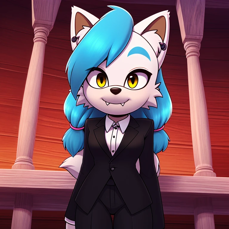 Mobian, ((arctic fox, long hair, fluffy hair, fluffy tail, finger claws, cute fangs, heterochromia, yellow eyes, blue eyes, kemono, braided hair, ear piercing, inner ear fluff, :3, multicolored hair, white hair, blue hair, highlights (coloring))), female anthro, high resolution, beautiful face, beautiful eyes, hyper detailed, Masterpiece, high quality, studio quality, intricate details, 8k, dynamic shot, HD, absurd res, digital media, ((tuxedo, dress pants))