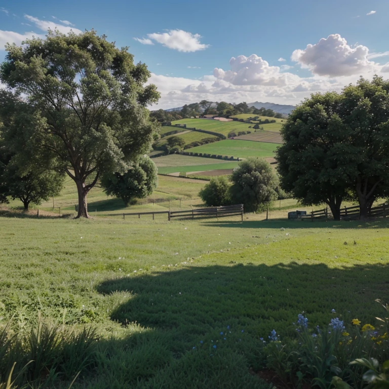 Paisaje con un campo de cultivo y un cielo bonito, que no sea tan exagerado y que se vea realista