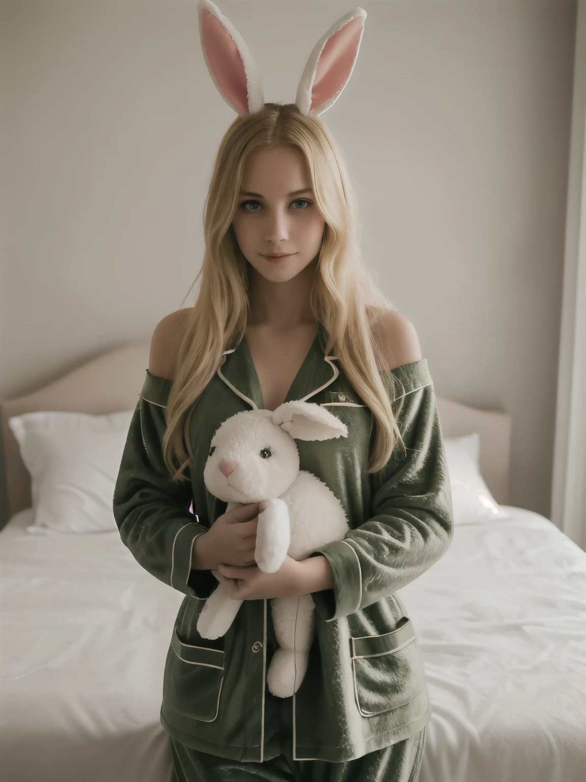 1 girl, 18 years, Blonde hair, green eyes, long hair, dirty hair, pajamas, nightcap, from the shoulder, inexpressive, bedroom, stuffed rabbit, holding a soft toy, hugging an object, masterpiece, Best quality, ultra textured leather, looks directly at the camera from the front