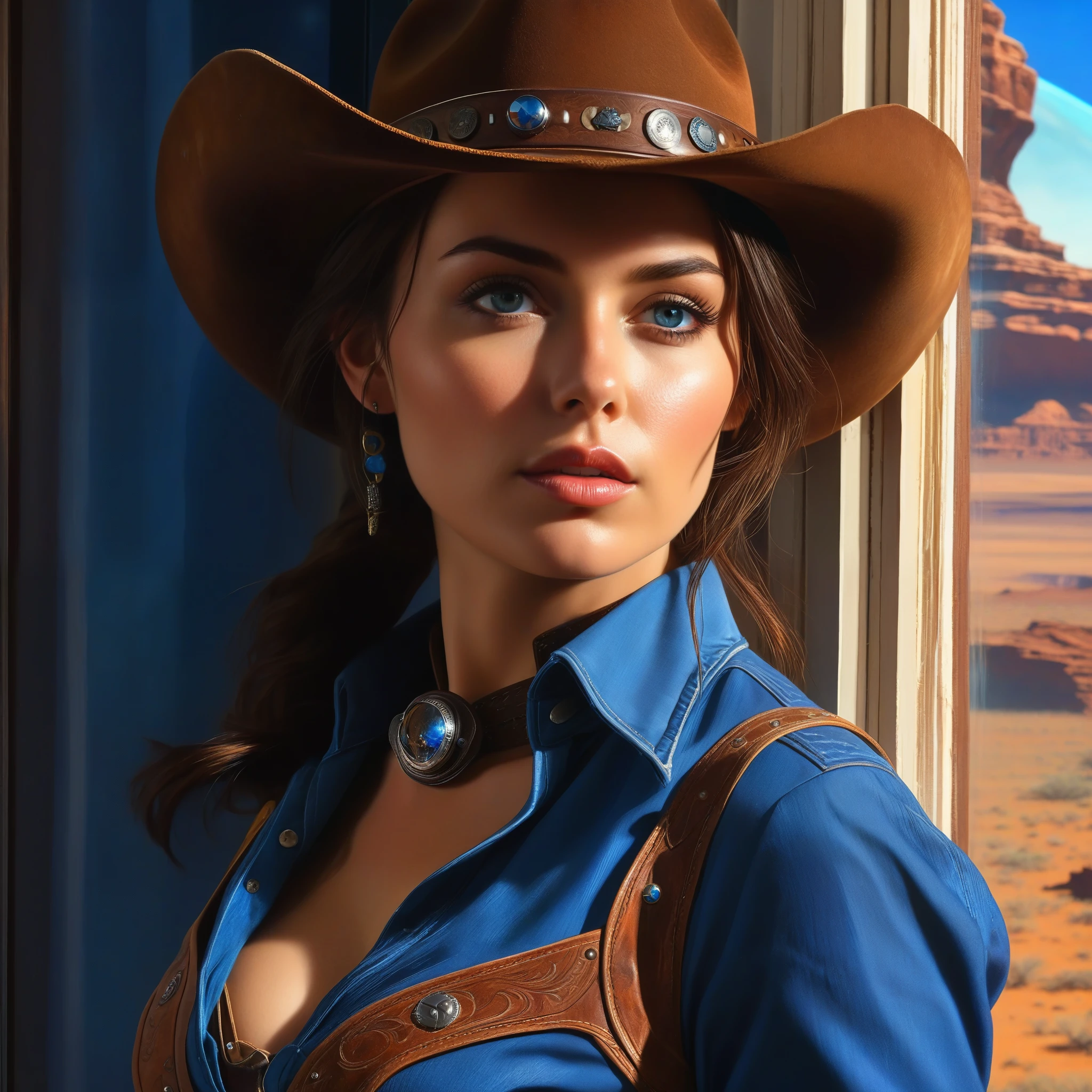 (Best Quality, Masterpiece, High Resolution, HD, Super Detail, Official Art, Realistic), Space Cowboy, Short Brunette, Rugged Countenance, Piercing Eyes, Cowboy Dress, Cowboy Hat, Revolver, Behind a Large Round Window (Outside the Window is the Giant Blue Planet),