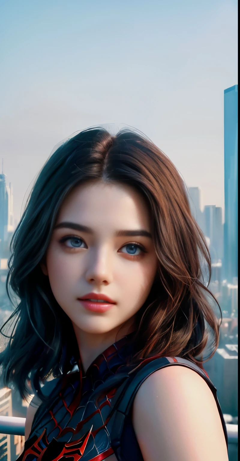 (1girl:1.3), Solo, (((Very detailed face)))), ((Very detailed eyes and face)))), Beautiful detail eyes, Body parts__, Official art, Unified 8k wallpaper, Super detailed, beautiful and beautiful, beautiful, masterpiece, best quality, original, masterpiece, super fine photo, best quality, super high resolution, realistic realism, sunlight, full body portrait, amazing beauty, dynamic pose, delicate face, vibrant eyes, (from the front), She wears Spider-Man suit, red and black color scheme, spider, very detailed city roof background, rooftop, overlooking the city, detailed face, detailed complex busy background, messy, gorgeous, milky white, highly detailed skin, realistic skin details, visible pores, clear focus, volumetric fog, 8k uhd, DSLR, high quality, film grain, fair skin, photo realism, lomography, futuristic dystopian megalopolis, translucent