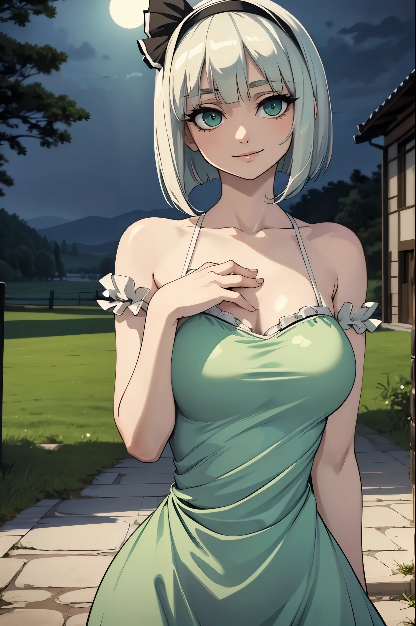 (masterpiece, official art), 1girl, solo, white hair, green eyes, (youmu konpaku:1.2), (dress), (closeup), portrait, (medium breasts), standing, view from front, countryside, at night, dark, moonlight, looking at viewer, (upper body), smile, seductive, alluring attire, slim, slender