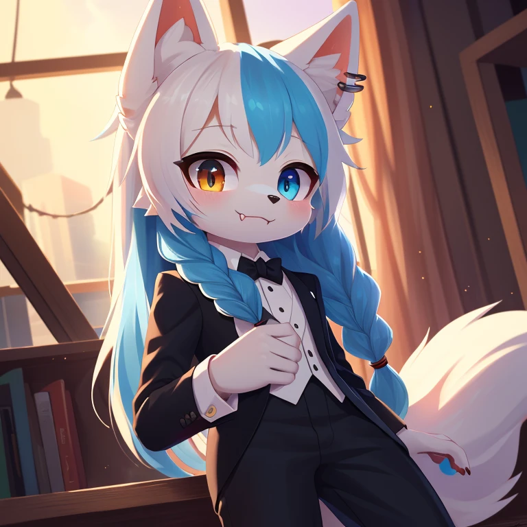 Mobian, ((arctic fox, long hair, fluffy hair, fluffy tail, finger claws, cute fangs, heterochromia, yellow eyes, blue eyes, kemono, braided hair, ear piercing, inner ear fluff, :3, multicolored hair, white hair, blue hair, highlights (coloring))), female anthro, high resolution, beautiful face, beautiful eyes, hyper detailed, Masterpiece, high quality, studio quality, intricate details, 8k, dynamic shot, HD, absurd res, digital media, ((tuxedo, dress pants))