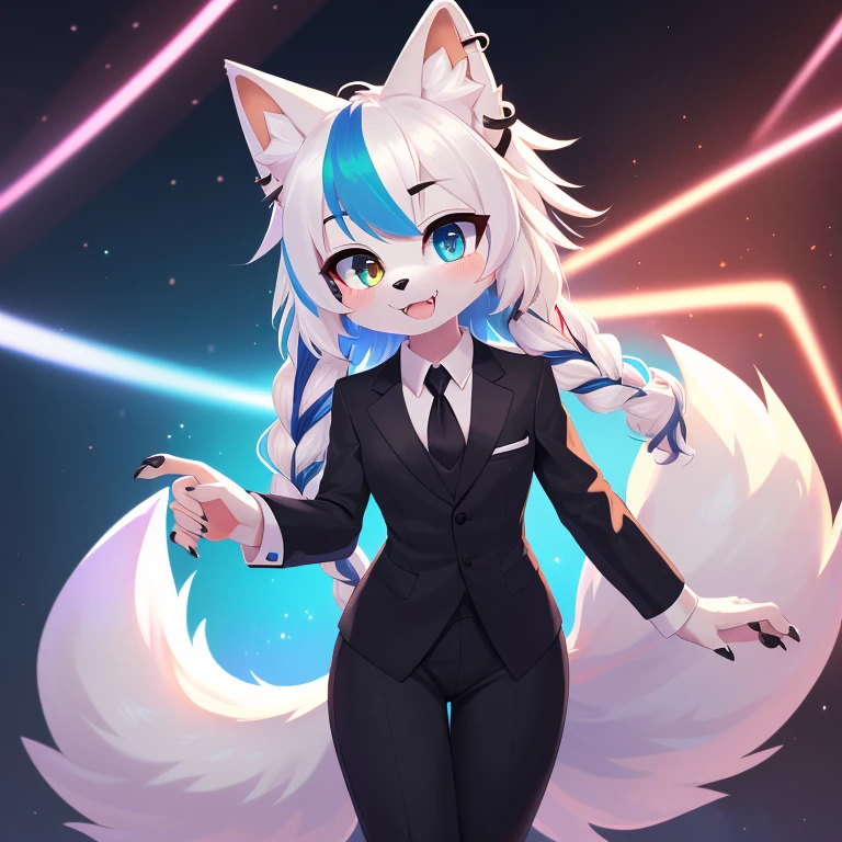 Mobian, ((arctic fox, long hair, fluffy hair, fluffy tail, finger claws, cute fangs, heterochromia, yellow eyes, blue eyes, kemono, braided hair, ear piercing, inner ear fluff, :3, multicolored hair, white hair, blue hair, highlights (coloring))), female anthro, high resolution, beautiful face, beautiful eyes, hyper detailed, Masterpiece, high quality, studio quality, intricate details, 8k, dynamic shot, HD, absurd res, digital media, ((tuxedo, dress pants))
