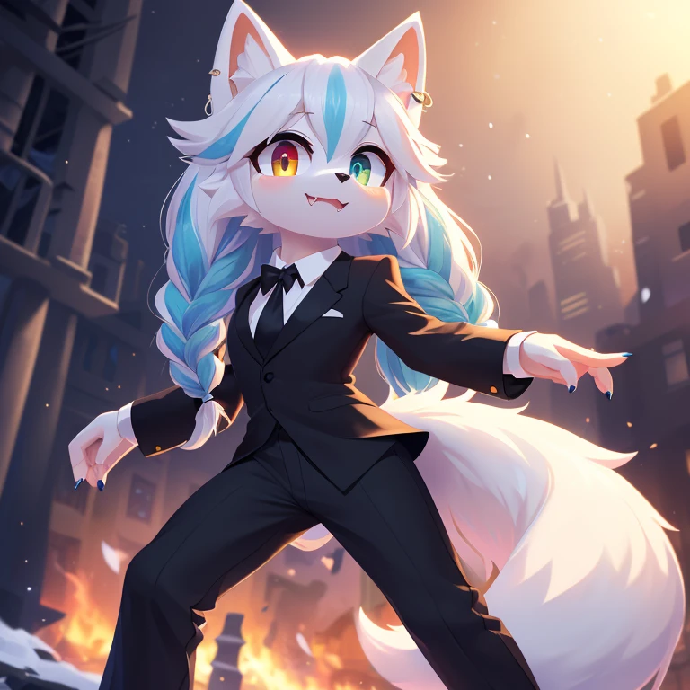 Mobian, ((arctic fox, long hair, fluffy hair, fluffy tail, finger claws, cute fangs, heterochromia, yellow eyes, blue eyes, kemono, braided hair, ear piercing, inner ear fluff, :3, multicolored hair, white hair, blue hair, highlights (coloring))), female anthro, high resolution, beautiful face, beautiful eyes, hyper detailed, Masterpiece, high quality, studio quality, intricate details, 8k, dynamic shot, HD, absurd res, digital media, ((tuxedo, dress pants))