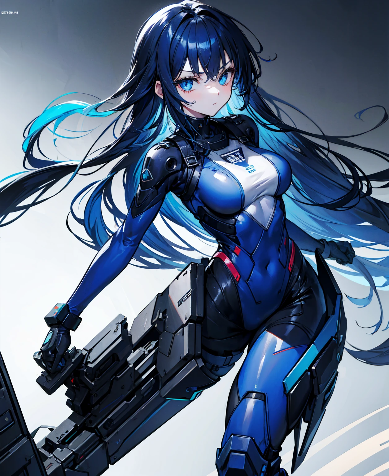 There is no background,girl,carry a firearm,Enamel-like tight suit,use of firearms,Navy blue long hair,attention arousal,Blue colored eyes,no gradation