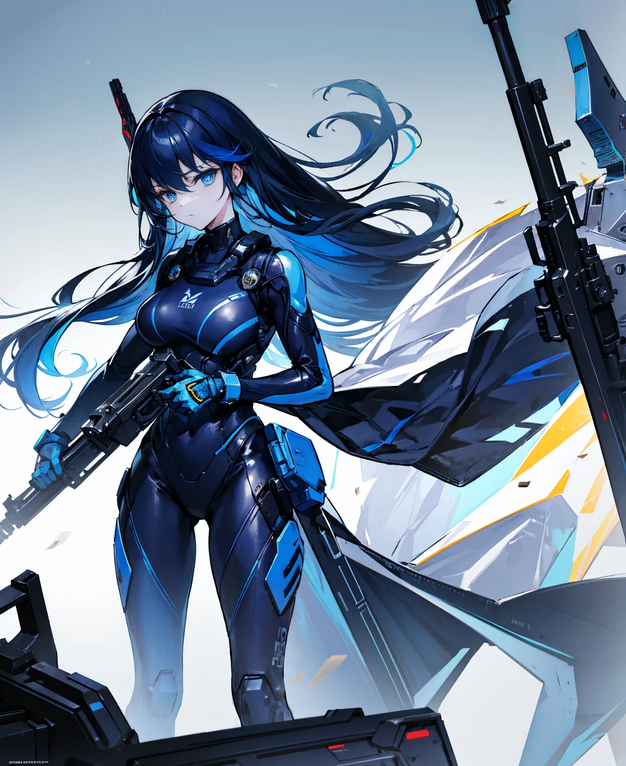 There is no background,girl,carry a firearm,Enamel-like tight suit,use of firearms,Navy blue long hair,attention arousal,Blue colored eyes,no gradation