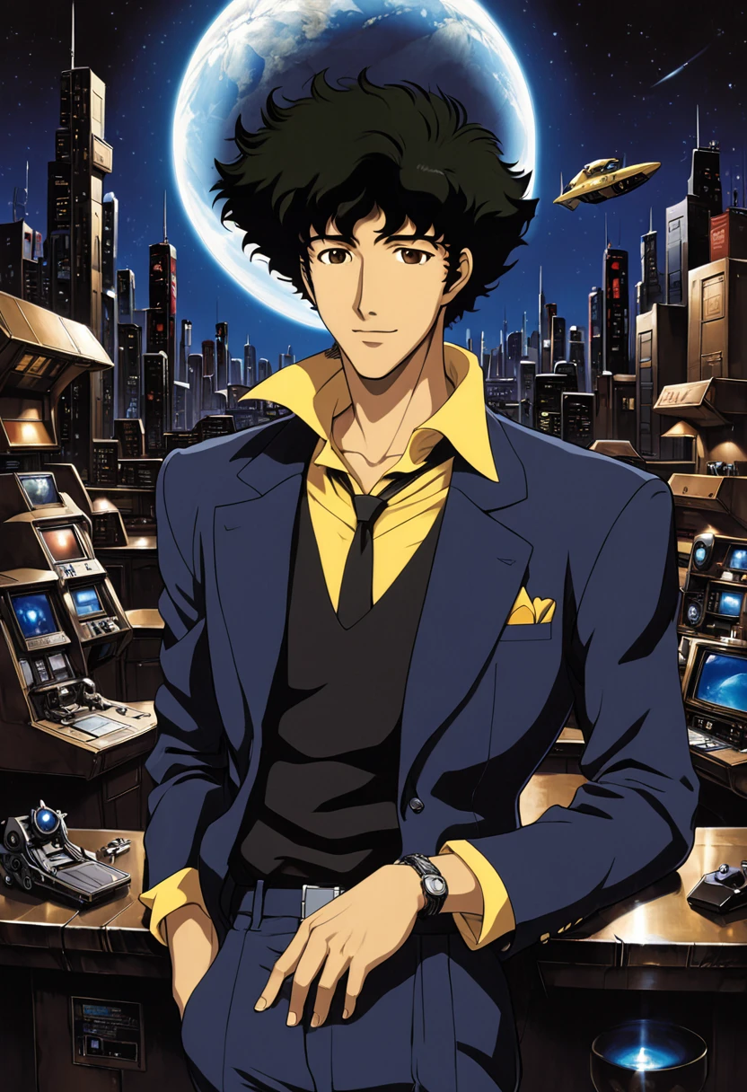 boy, Spike Spiegel, Cowboy Bebop, brown eyes, smile, black hair, cbbebop, cbbebop spaceship, 1990s style, (masterpiece, best quality, Professional, perfect composition, very aesthetic, absurdres, ultra-detailed, intricate details:1.3)