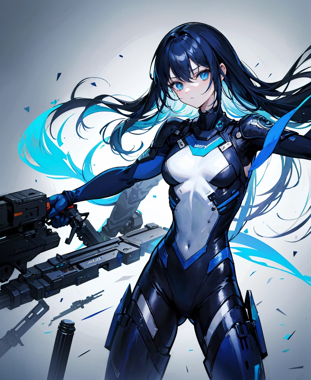 There is no background，girl，carry a firearm，Enamel-like tight suit，use of firearms，Navy blue long hair，attention arousal，Blue colored eyes,no gradation