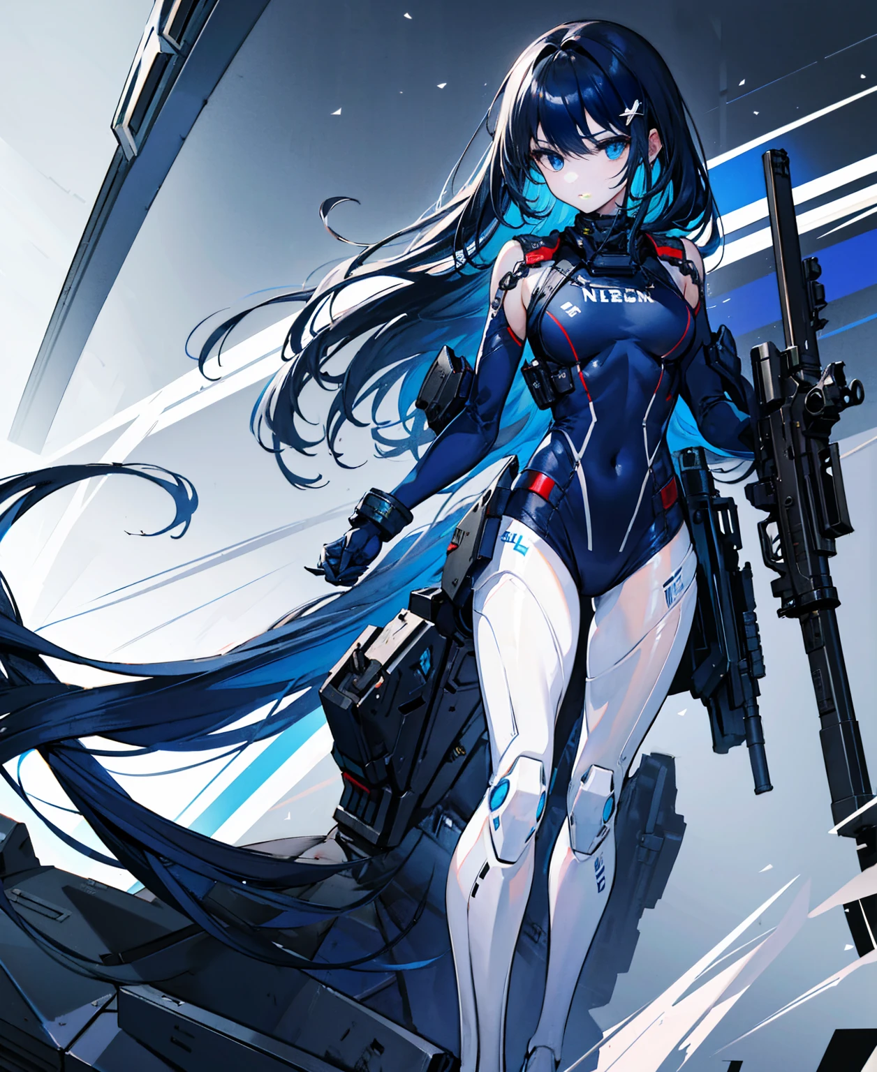 There is no background，girl，carry a firearm，Enamel-like tight suit，use of firearms，Navy blue long hair，attention arousal，Blue colored eyes,no gradation