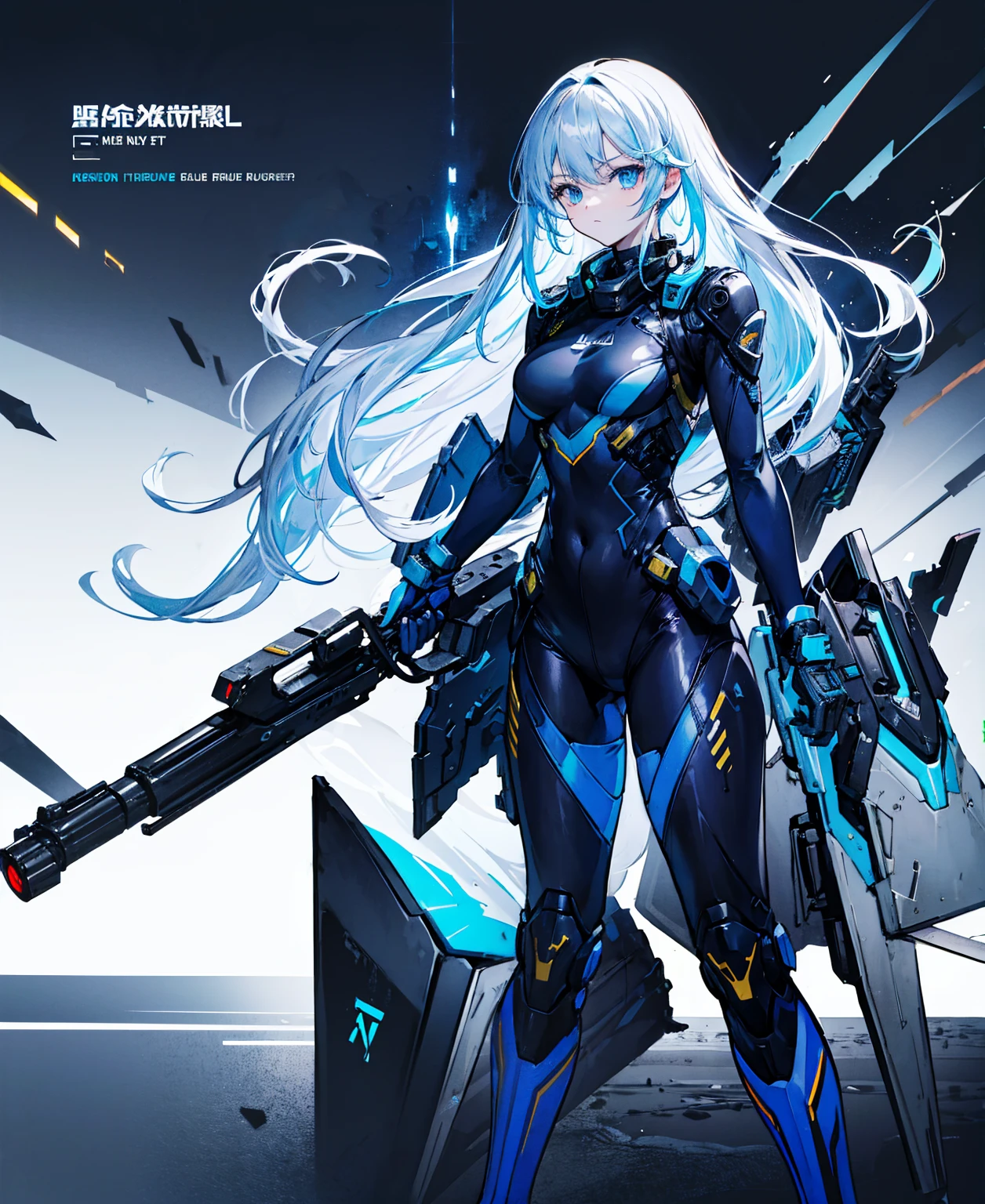 There is no background,girl,carry a firearm,Enamel-like tight suit,use of firearms,Navy blue long hair,attention arousal,Blue colored eyes,no gradation
