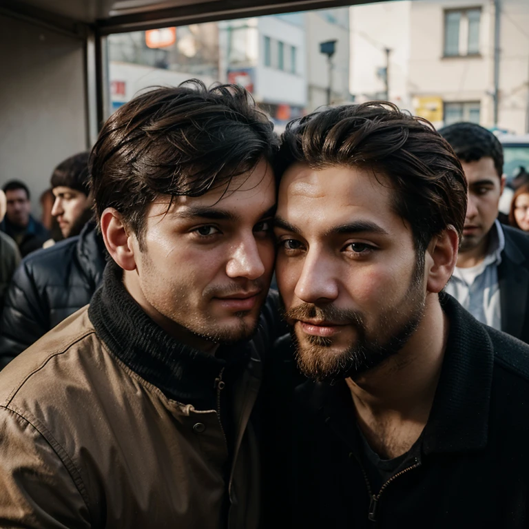 George, who looked unkempt, with short black hair and a slight rash on his face, tried to kiss Ed, Armenian guy, getting into a taxi, but Ed didn't let me do it, because a crowd of people was visible nearby, проходящих мимо
George - парень без бороды. Ed - the guy with the beard.