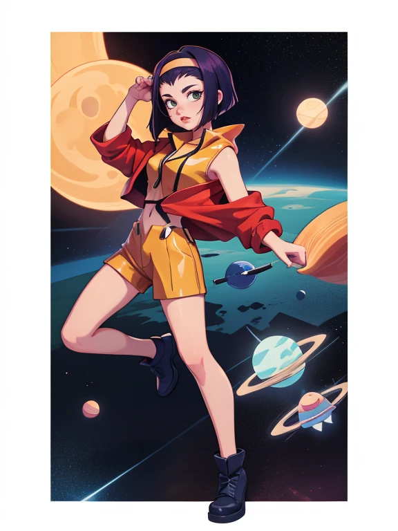 fayevalentine, yellow hairband, red jacket, crop top, 1girl, incredible art, great quality, poster, vector style, portrait, space background, multi colors image, UHD wallpaper, full body